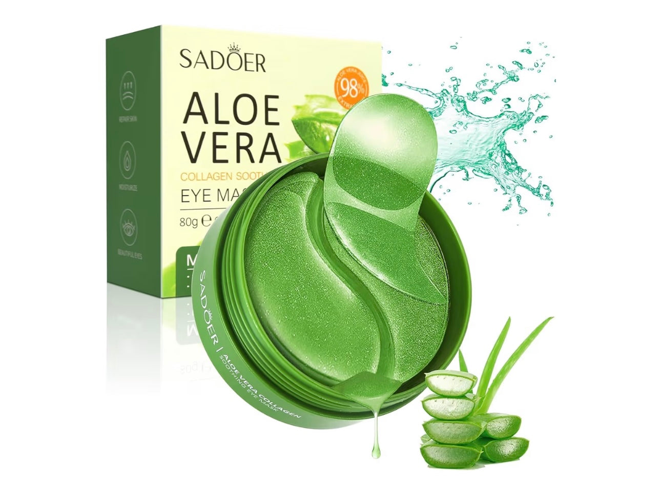Máscara de ojos de aloe vera, 60 parches de aloe vera para debajo de los ojos, parches para ojeras, hinchazón de ojos y tratamiento de ojeras, reduce arrugas y líneas finas, mejora y reafirma la piel de los ojos