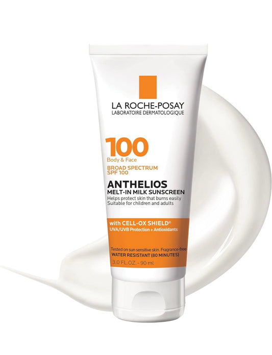 La Roche-Posay Anthelios Melt-In Milk Protector solar SPF 100 | Protector solar para cuerpo y cara | SPF de amplio espectro + antioxidantes | Loción de protección solar sin aceite | Para pieles 90ml