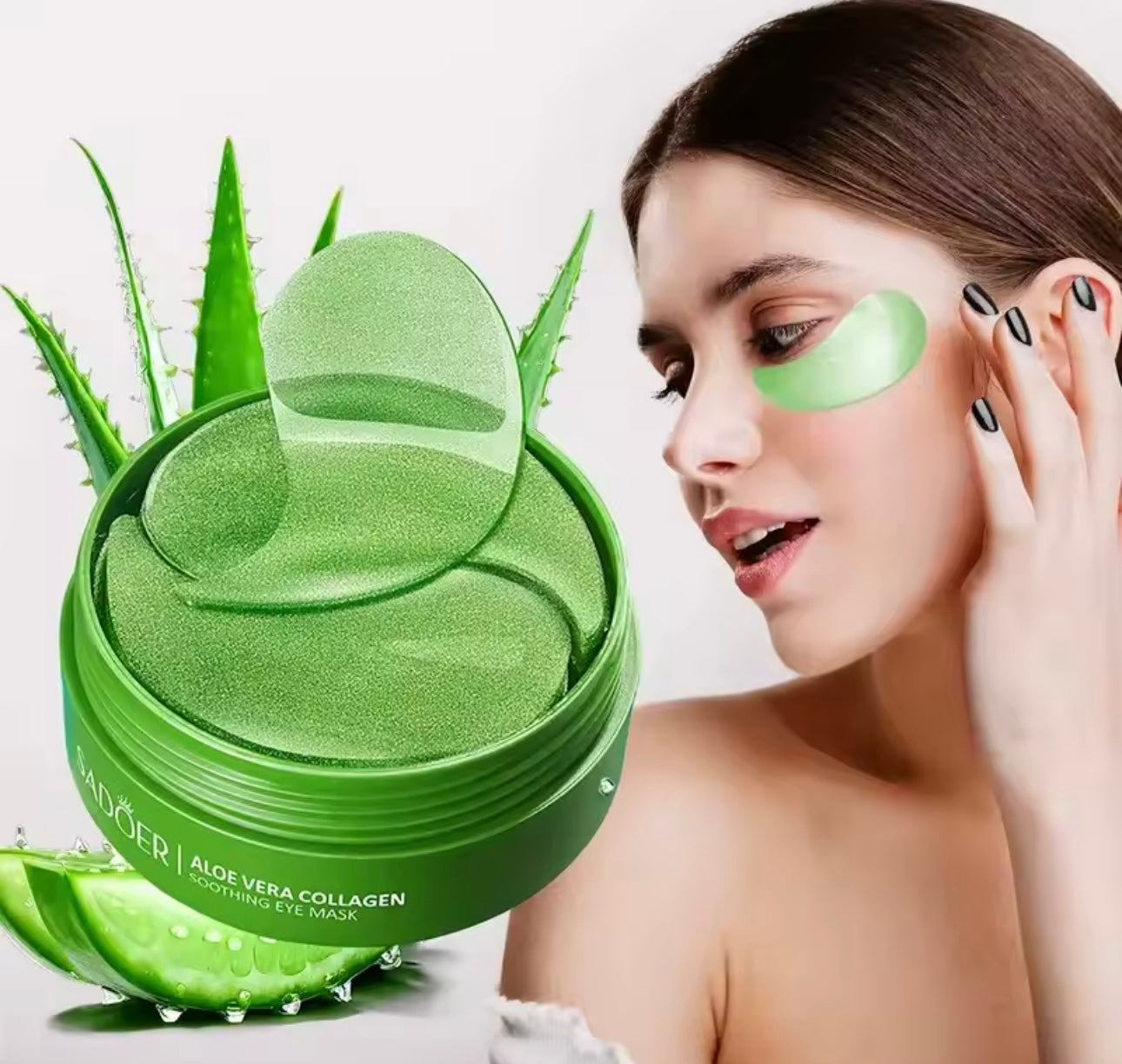 Máscara de ojos de aloe vera, 60 parches de aloe vera para debajo de los ojos, parches para ojeras, hinchazón de ojos y tratamiento de ojeras, reduce arrugas y líneas finas, mejora y reafirma la piel de los ojos
