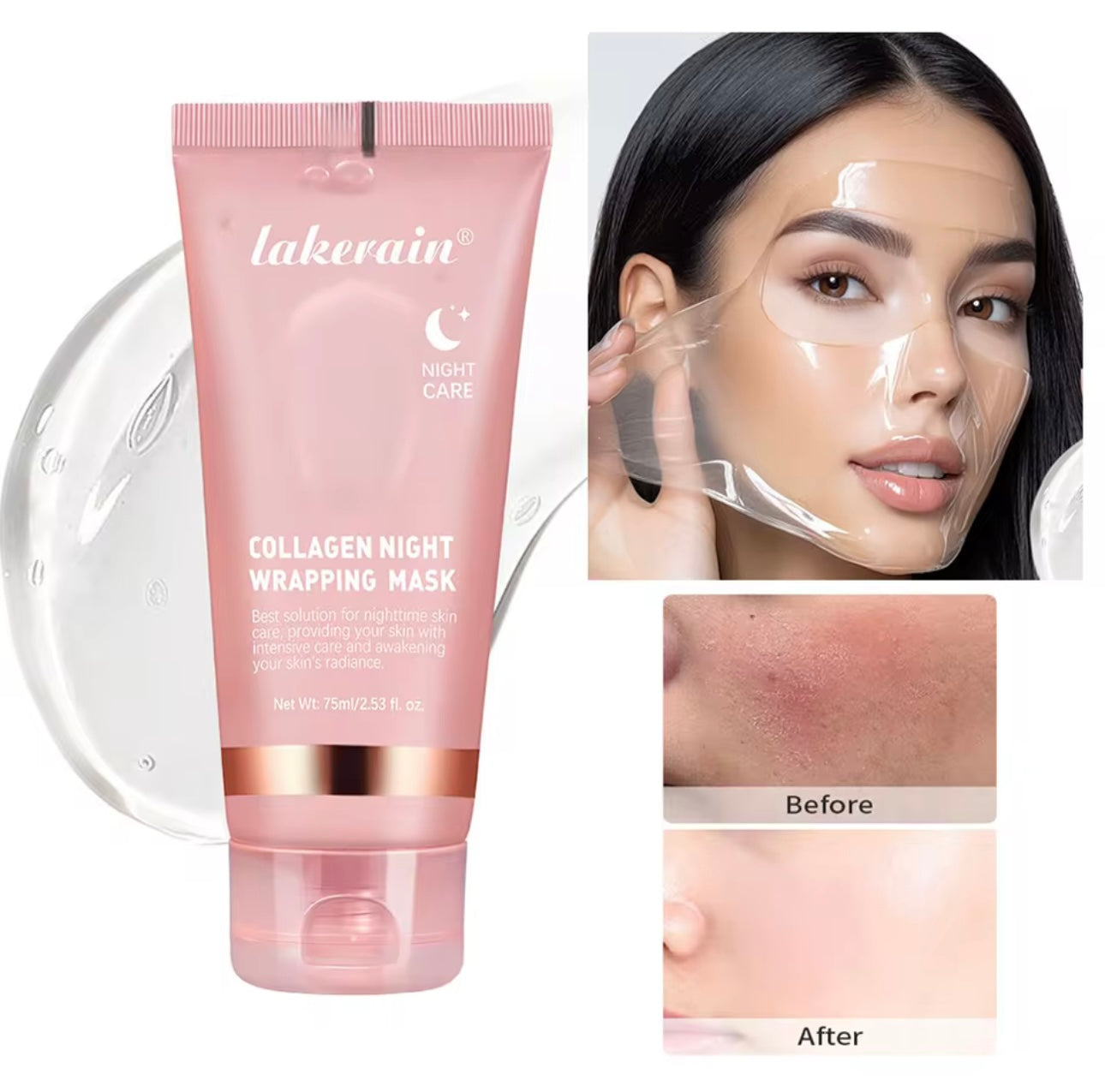 Máscara de envoltura nocturna de colágeno, máscara facial de vidrio de colágeno hidrolizado, reduce las líneas finas y la opacidad, máscara para dormir reafirmante y elástica, hidratante