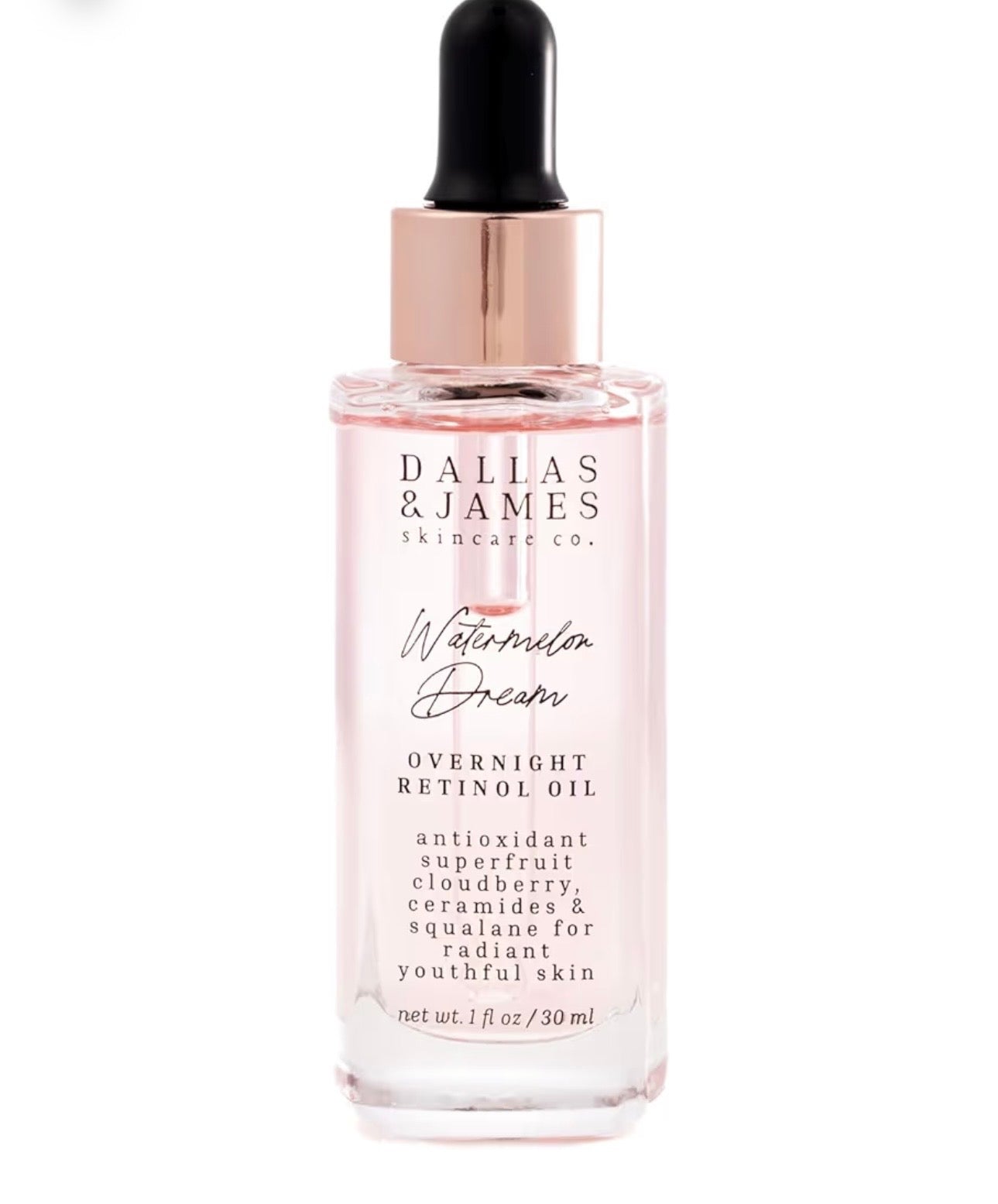 Dallas & James Skincare Co. Aceite de retinol de sandía Dream Overnight – 0.3% de retinol con sandía y mora de nube, ceramidas + escualano – Aceite facial antienvejecimiento y suavizante de la piel