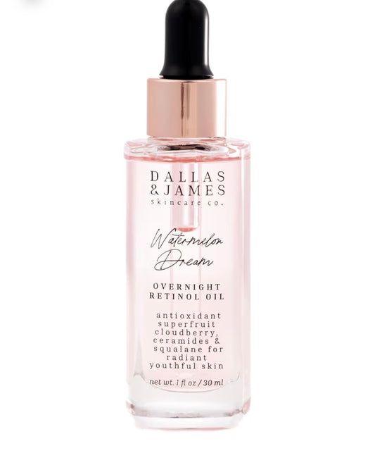 Dallas & James Skincare Co. Aceite de retinol de sandía Dream Overnight – 0.3% de retinol con sandía y mora de nube, ceramidas + escualano – Aceite facial antienvejecimiento y suavizante de la piel